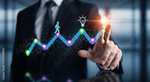 business professional analyzing growth trends with digital innovation and light effects