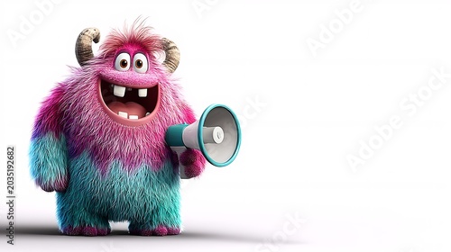 Happy pink and blue furry monster with horns holding a megaphone on a white background space