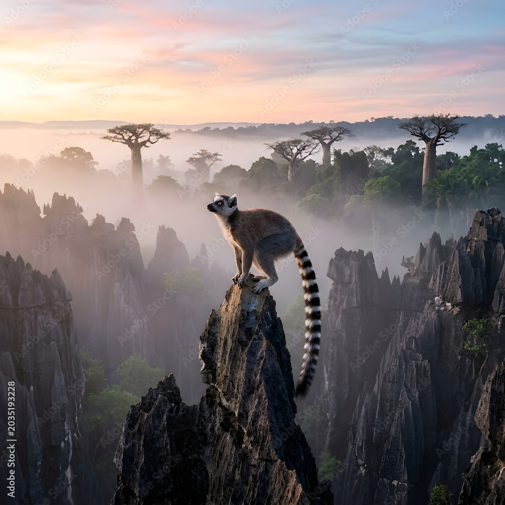 Naklejka premium Lemur standing on a rock at sunset in a foggy forest with baobab trees