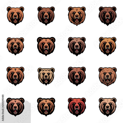Grizzly bear head logo vector set with aggressive roaring facial expressions and colorful mascot variations