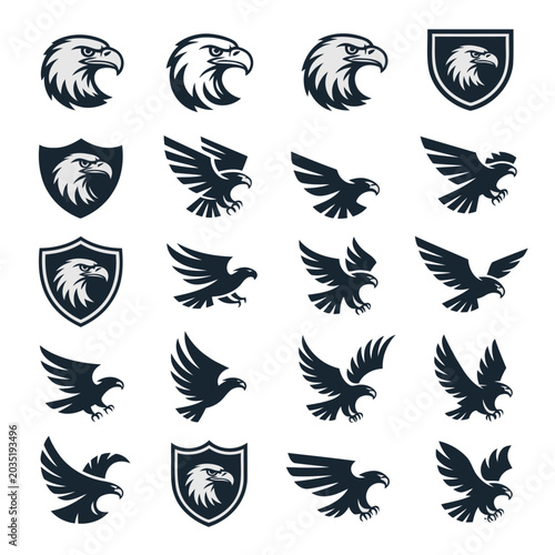 Eagle mascot logo vector set with dynamic flying bird silhouettes aggressive hawk heads and shield emblems