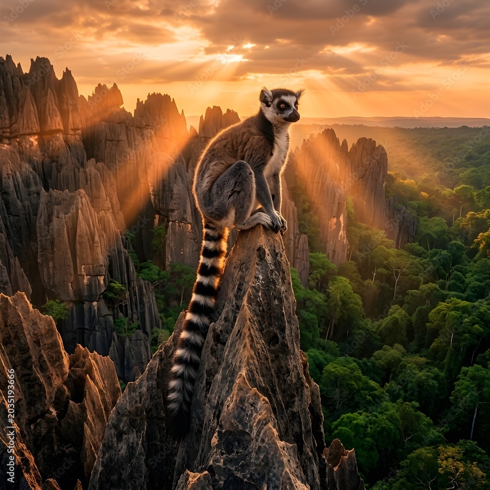 Naklejka premium Majestic Lemur Perched Atop a Rocky Outcrop in a Sun-Dappled Forest