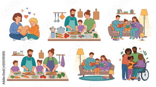 Set of family activities illustrations showing cooking playing reading and spending time together. EPS Editable