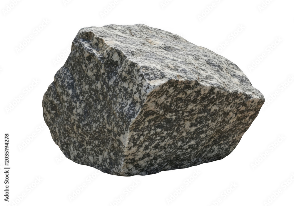 Obraz premium A single, large chunk of grey and white speckled granite rock isolated against a solid black background, showing rough, textured mineral surfaces