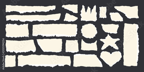Jagged edge torn paper piece collage grunge cut out shapes vector illustration. Ripped paper abstract frame shape text box template collection.