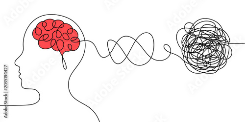 Human head silhouette with a red brain and a tangled black line representing complex thoughts.head