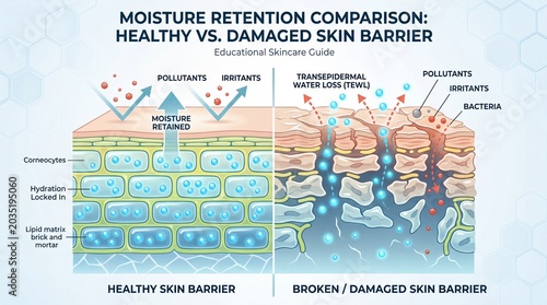 Healthy skin barrier moisture retained hydration locked lipid matrix pollutants irritants bacteria damaged skin barrier transepidermal water loss educational skincare guide comparison skin