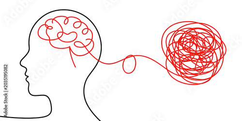 Silhouette of a human head with a tangled red line representing thoughts and a clear brain outline 