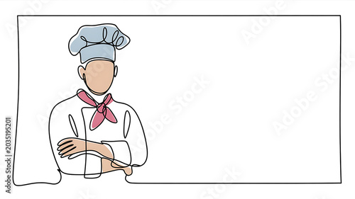 Single Line of a Chef with Crossed Arms and a Pink Scarf and Blue Hat Ready to Cook Delicious Food in a Restaurant