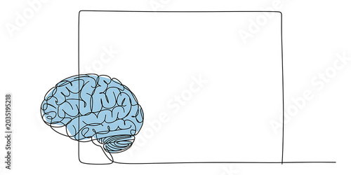 Single Line of a Blue Brain with Intricate Details Placed Next to a Large Empty White Rectangle for Text