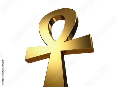 Canvas Print Isolated 3D render of a shiny golden Egyptian Ankh cross, symbol of life and imm