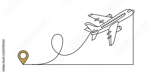 Single Line of an Airplane Flying Along a Curved Path from a Location Pin to a Destination Point