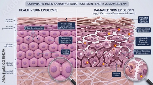Healthy skin epidermis with intact desmosomes, organized keratinocyte structure, and well formed lipid barrier contrasts with damaged skin showing disrupted desmosomes, compromised barrier