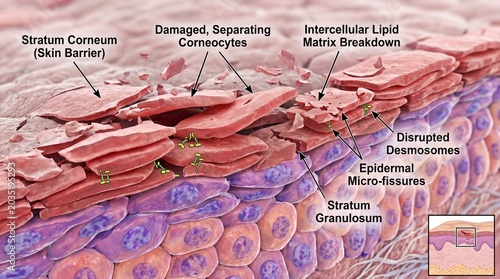 Stratum corneum skin barrier, damaged corneocytes, intercellular lipid matrix breakdown, disrupted desmosomes, and epidermal micro fissures are shown this detailed microscopic skin cell