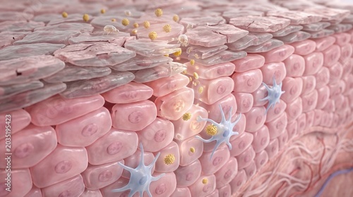 Microscopic skin cell visualization showing detailed epidermis structure, pink cells, nerve endings, and particles interacting with tissue, highlighting biological complexity and scientific