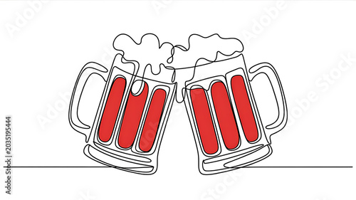 Two Red Beer Mugs Clinking Together with Frothy Tops in Continuous Line Style on White Background