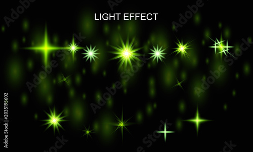 Obraz na plátně Light effect with green sparkles and stars on dark background, sparkles