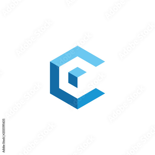 Fotografie Abstract Geometric Hexagon Letter C Shape with Inner Cube Design in Blue Tones