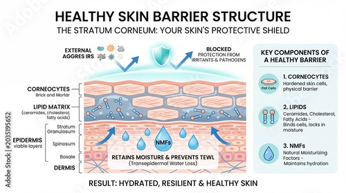 Healthy skin barrier structure infographic showing corneocytes, lipid matrix, and NMFs, with moisture retention and protection from irritants, promoting hydrated, resilient, and healthy skin
