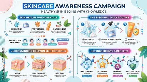 Hydration, protection, nourishment, and knowing your skin type are key for healthy skin. Daily routine includes cleansing, moisturizing, and sun protection for glowing, balanced skin