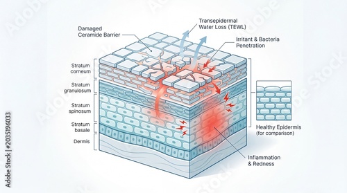 Damaged ceramide barrier illustration showing skin layers, transepidermal water loss, irritant and bacteria penetration, inflammation, and redness compared to healthy epidermis