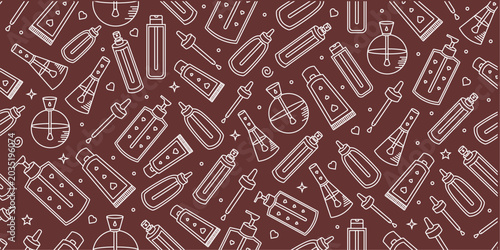 Seamless makeup doodle pattern. Minimal beauty product line art. Hand-drawn cosmetic pattern design. Clean skincare doodle background. Simple beauty outline pattern.