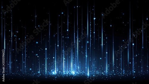 Abstract blue light streaks with sparkling particles on a dark background