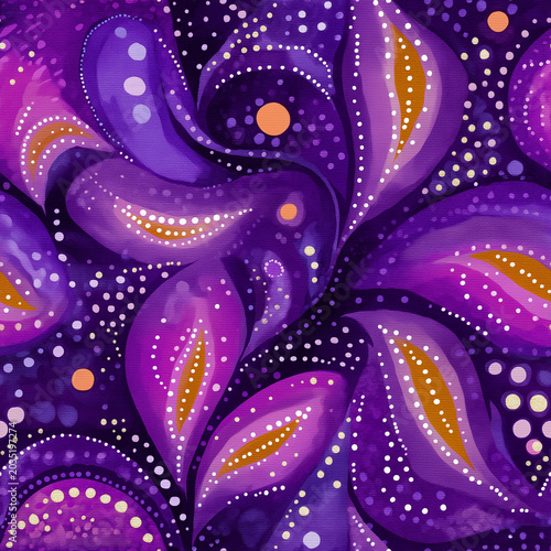 Seamless purple botanical pattern with dotted abstract leaves