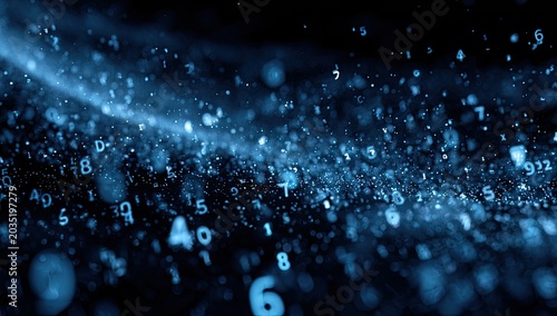 Abstract swirling blue particles and numbers in dark space