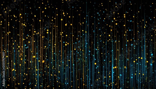Abstract background of shimmering blue and gold particles on dark vertical lines