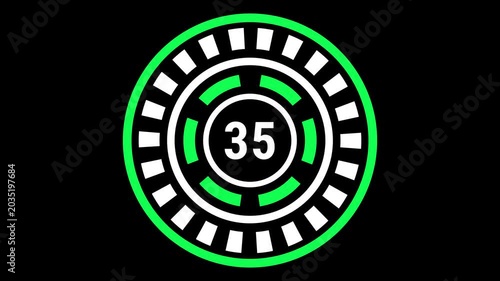 40-second gear-style countdown in green and white on black background with blinking outer ring, rotating inner dash ring, and changing center number.