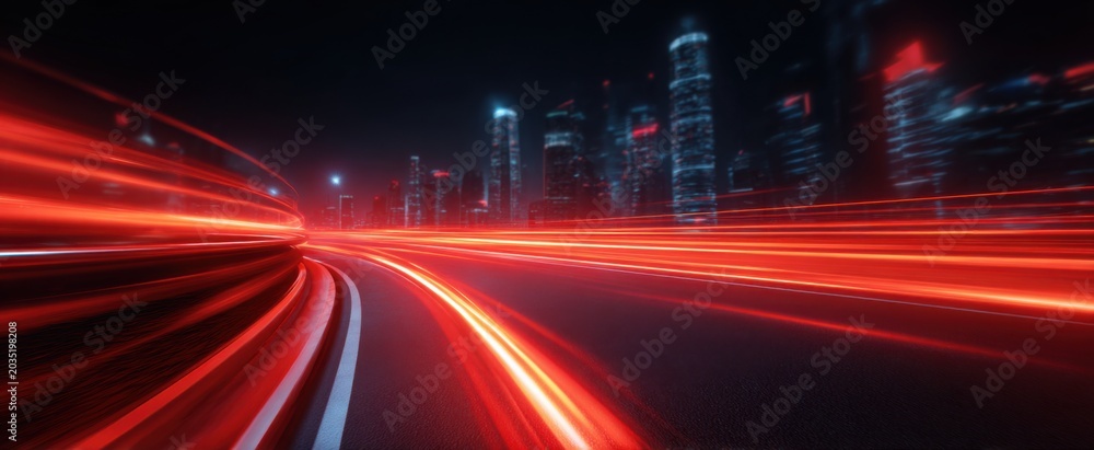 Fototapeta premium Radiant red neon laser beams pulse through vibrant urban streets conveying exhilarating energy and movement.