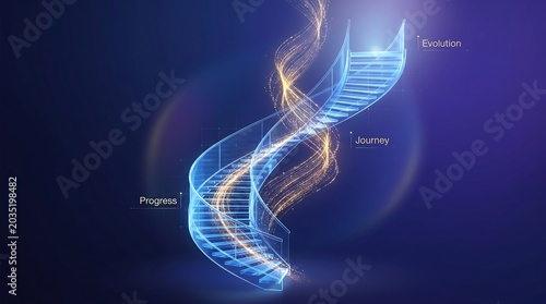 A glowing, abstract helix staircase structure made of light representing progress, journey, and evolution in a digital, futuristic environment.