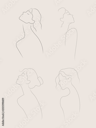 Set of silhouettes of a beautiful woman in profile. 