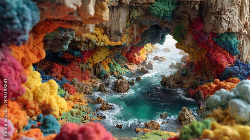 Naklejka premium Vibrant colorful coral reef inside a rocky sea cave with turquoise water and natural sunlight