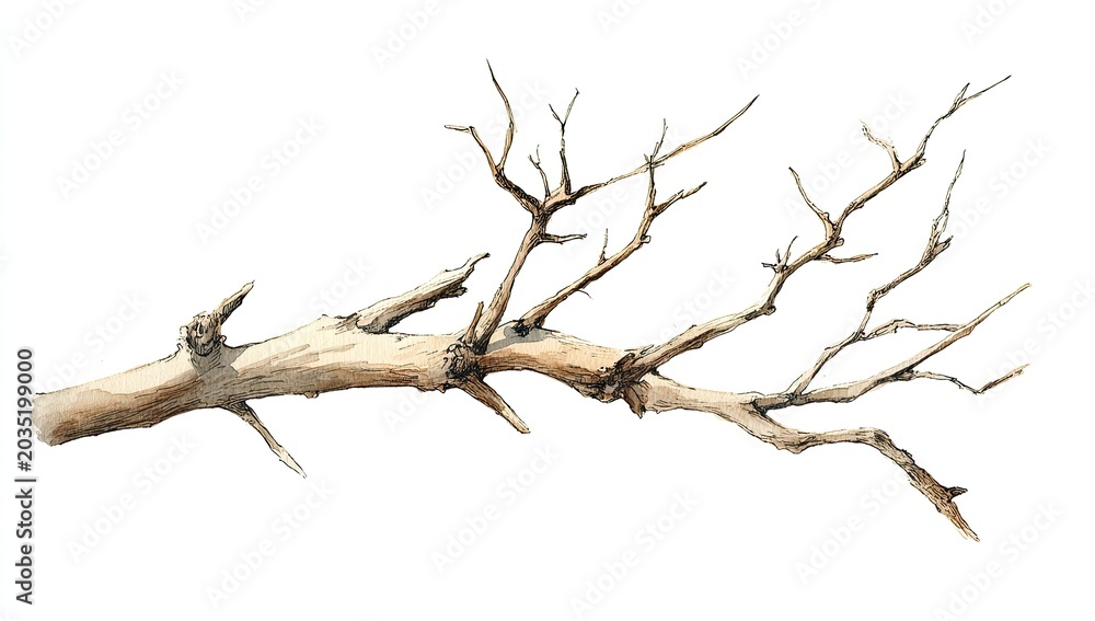 Fototapeta premium A pale, gnarled tree branch with numerous delicate, bare twigs extending outwards