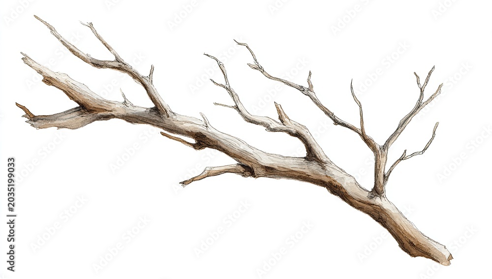 Fototapeta premium A single, gnarled, light-colored branch with many smaller twigs against white