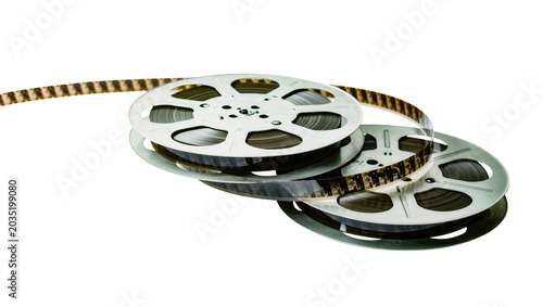 Isolated classic vintage movie film reels with unwound filmstrip, old cinema media entertainment