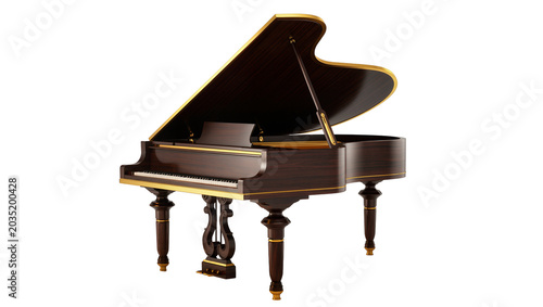 Obraz na plátně Isolated luxurious dark wood grand piano with elegant gold trim and open lid