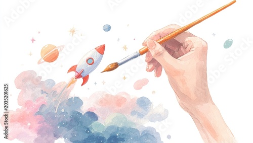 Hand paints a rocket ship blasting off into a colorful, dreamy cosmos