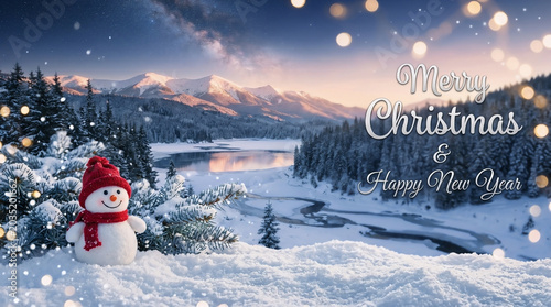 A happy little snowman wearing a red knitted hat and scarf stands in a snowy winter landscape during the holidays