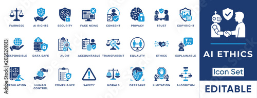 Bild auf Leinwand Artificial intelligence and AI ethics solid icon set