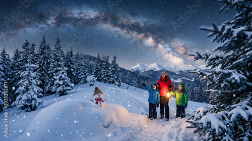Happy mother and two young children explore a snowy winter landscape while holding a glowing lantern under the starry sky