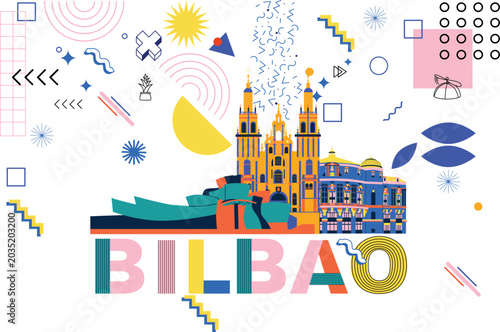 Принти на полотні Bilbao culture travel set, famous architectures and specialties in flat design