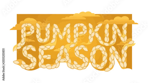 Foto Pumpkin Season Illustration: A warm and inviting graphic design announces Pumpkin Season with letters creatively formed from pumpkin seeds and surrounded by autumnal clouds