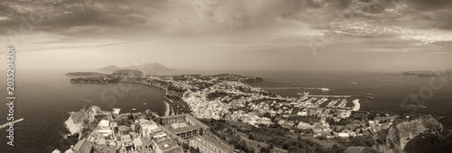 Tableau sur toile High altitude drone capture of Procida island skyline in southern Italy