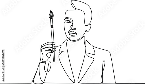 Foto Single line drawing of a business professional holding a pen or stylus indicatin