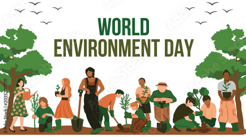 Foto People planting trees for world environment day vector illustration