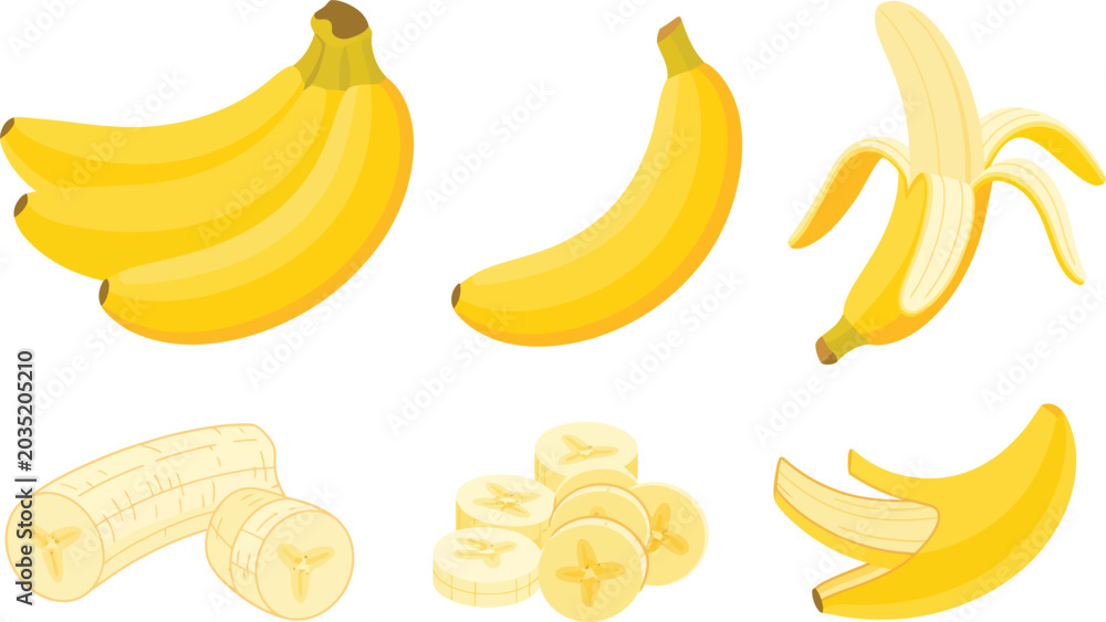 Φωτογραφία Set of fresh yellow banana illustrations featuring whole bunches individual frui
