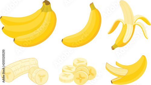 Fotografie Set of fresh yellow banana illustrations featuring whole bunches individual frui